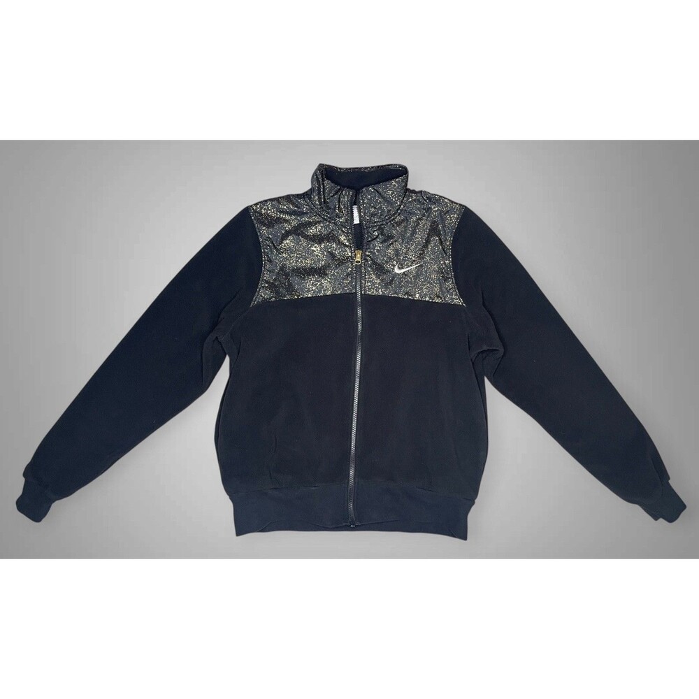 NIKE Stardust Plush Full Zip Jacket Women MED Gold Black Cozy Fleece Active Gym